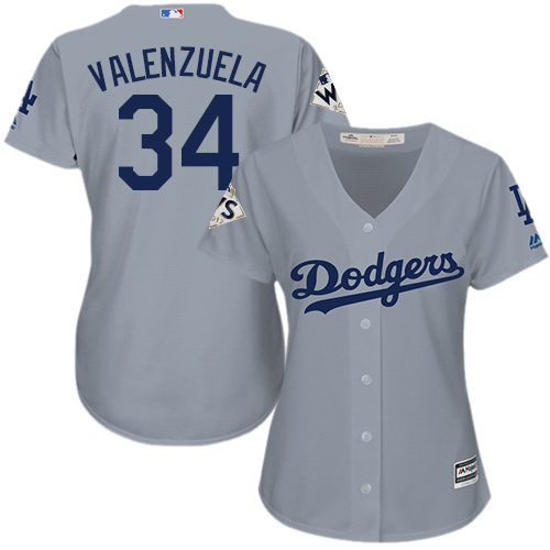 Dodgers #34 Fernando Valenzuela Grey Alternate Road World Series Bound Women's Stitched MLB Jersey - Click Image to Close
